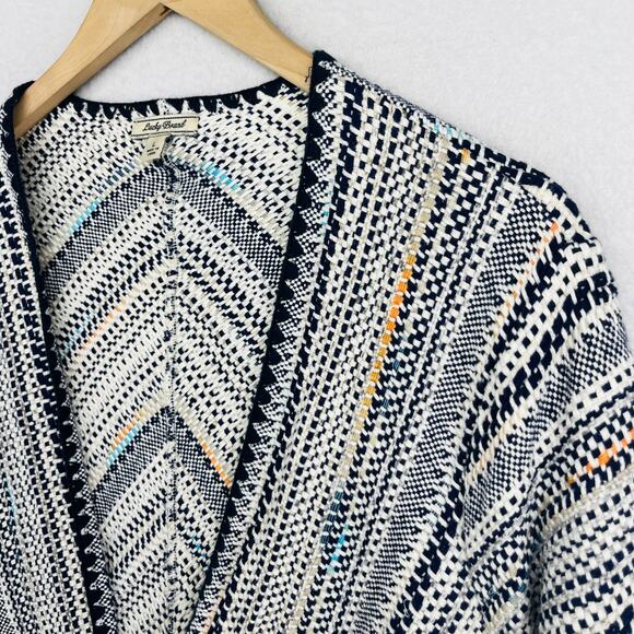 LUCKY BRAND Cardigan Womens L Open Front Fringe Sweater Shawl Cotton Black - Picture 7 of 11